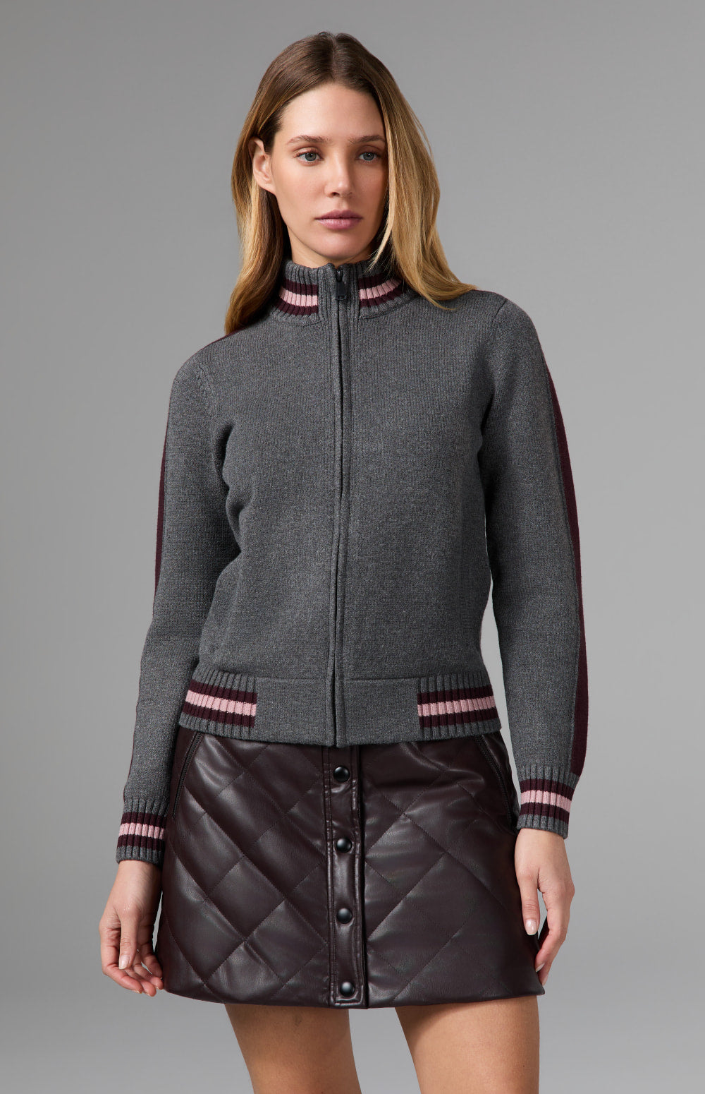 Alp N Rock Lynne Zip Sweater Jacket, heather grey zipped sweater jacket with striped trim