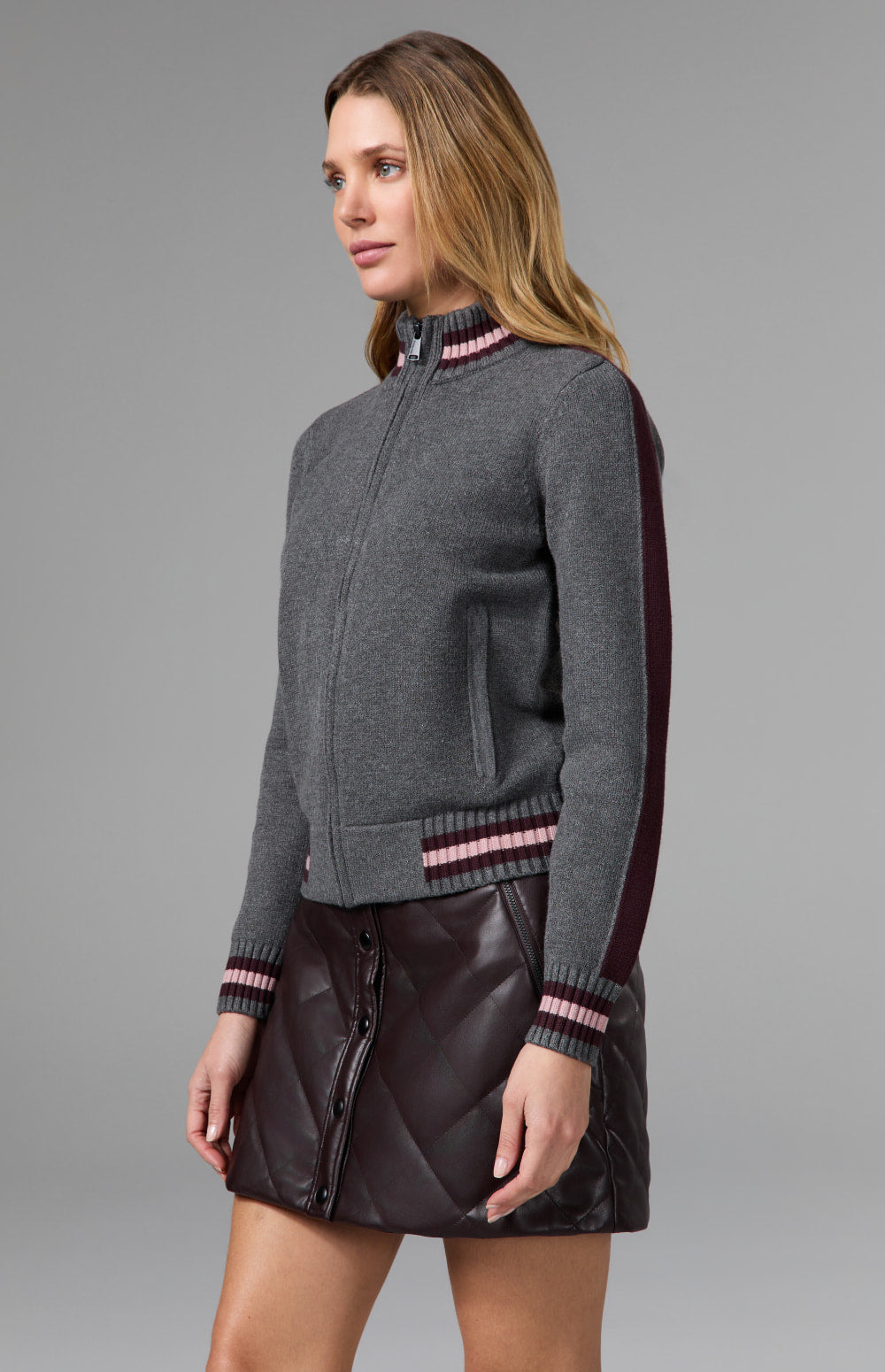 Alp N Rock Lynne Zip Sweater Jacket, heather grey zipped sweater jacket with striped trim