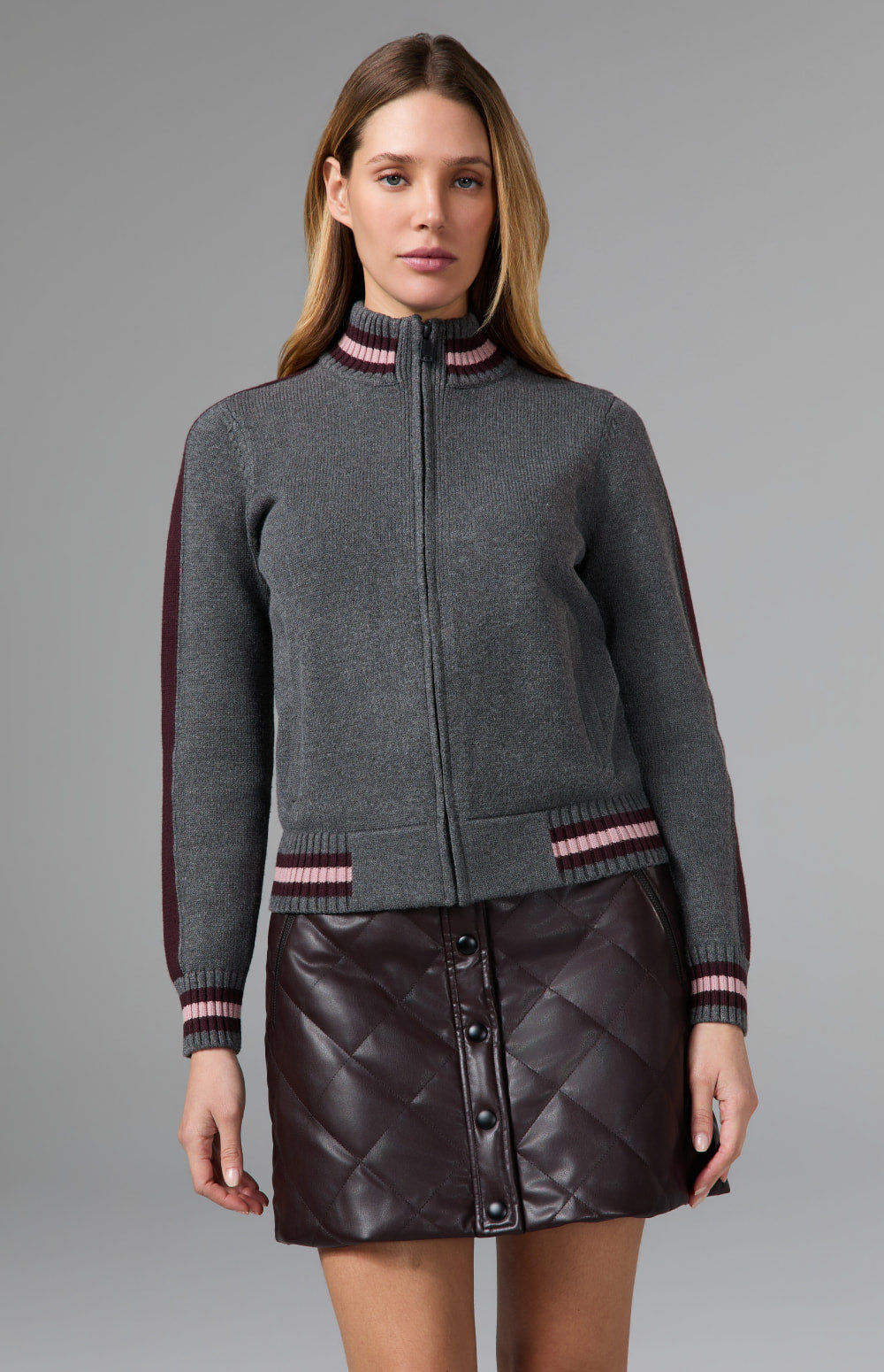 Alp N Rock Lynne Zip Sweater Jacket, heather grey zipped sweater jacket with striped trim