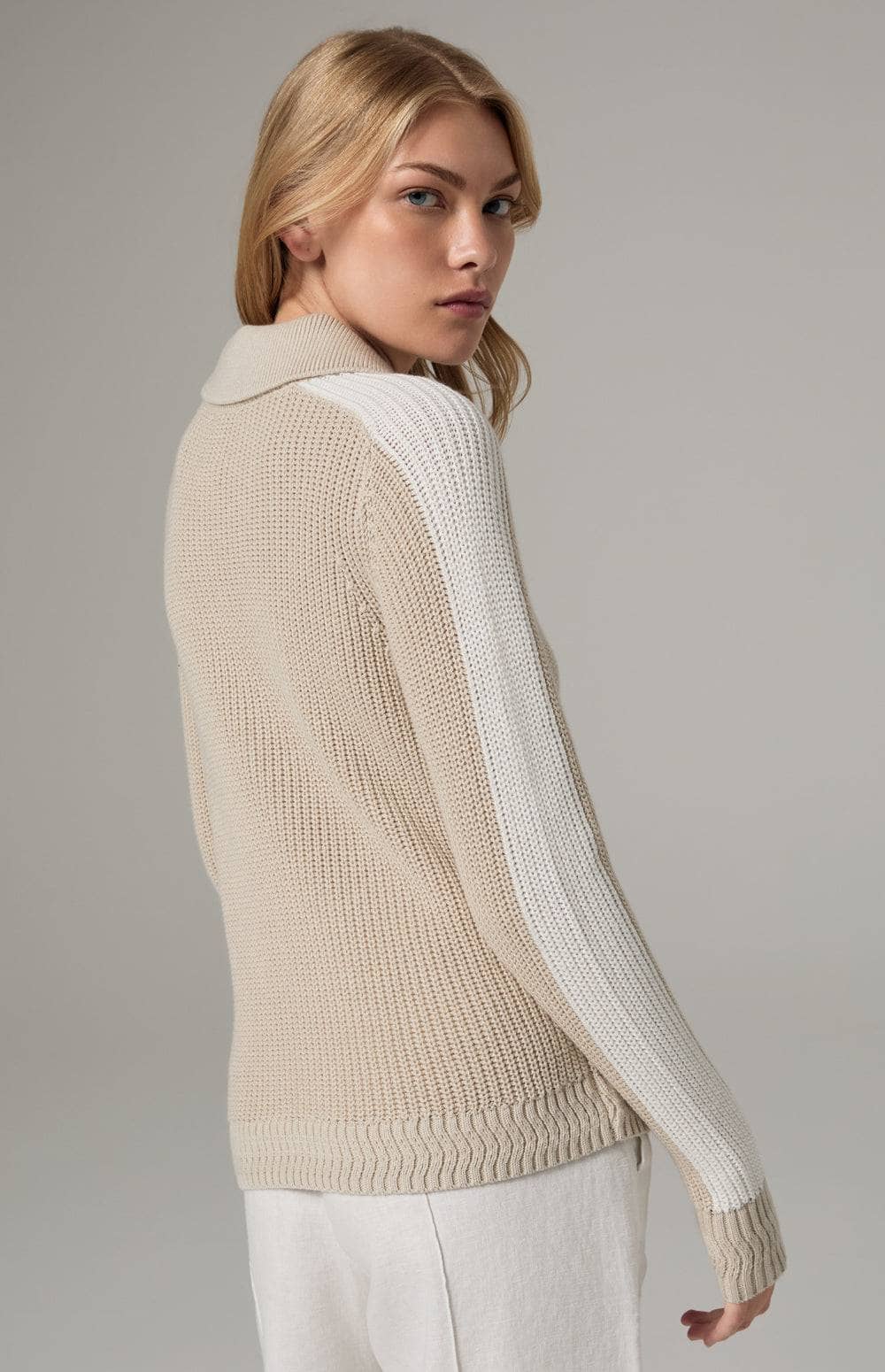 Alp N Rock Maeve Sweater, Women's Beige Sweater with Crew Neck and Attached Collar and White Stripe Down the Sleeve