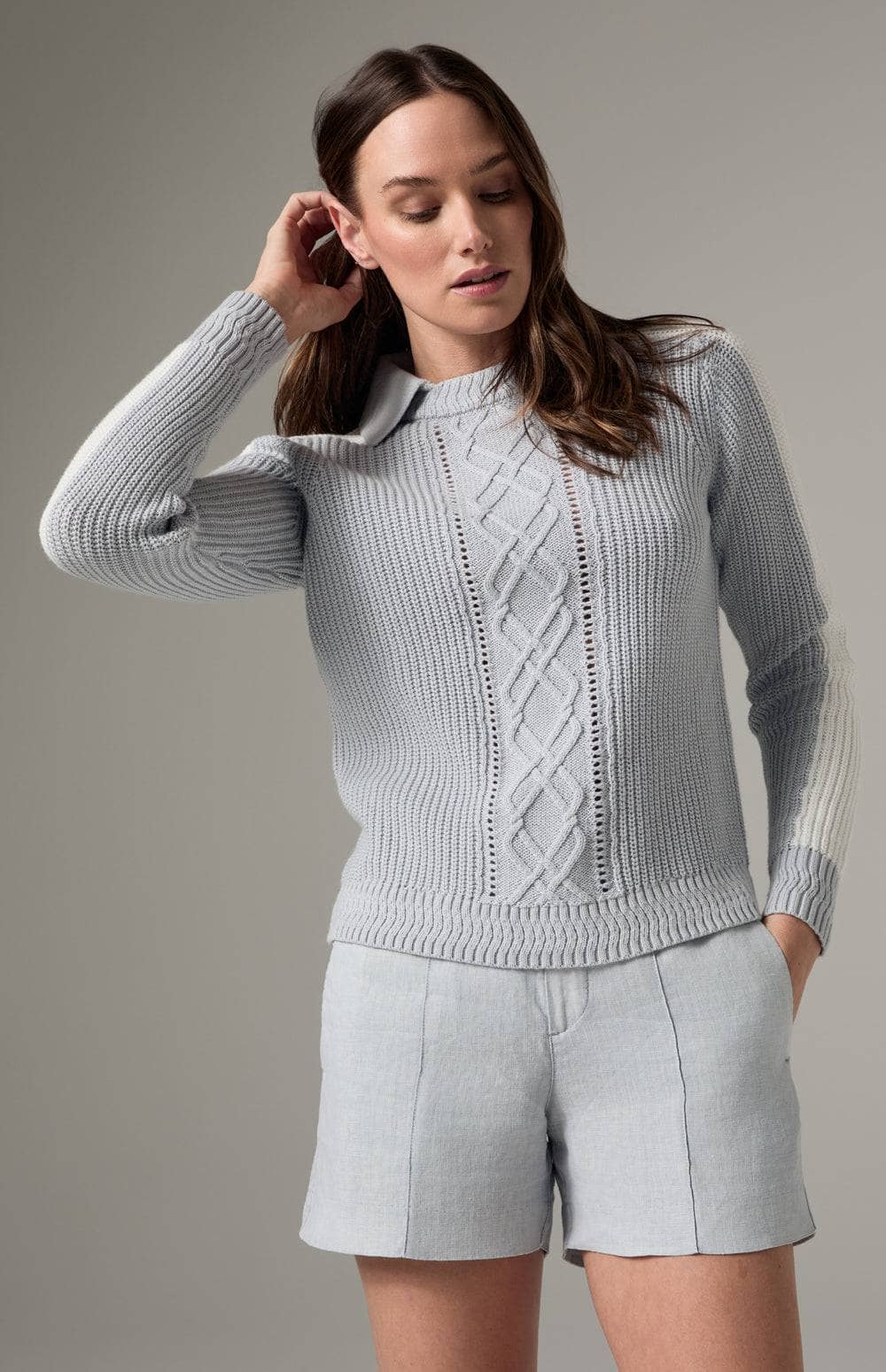 Alp N Rock Maeve Sweater, Women's Silver Grey Sweater with Crew Neck and Attached Collar and White Stripe Down the Sleeve