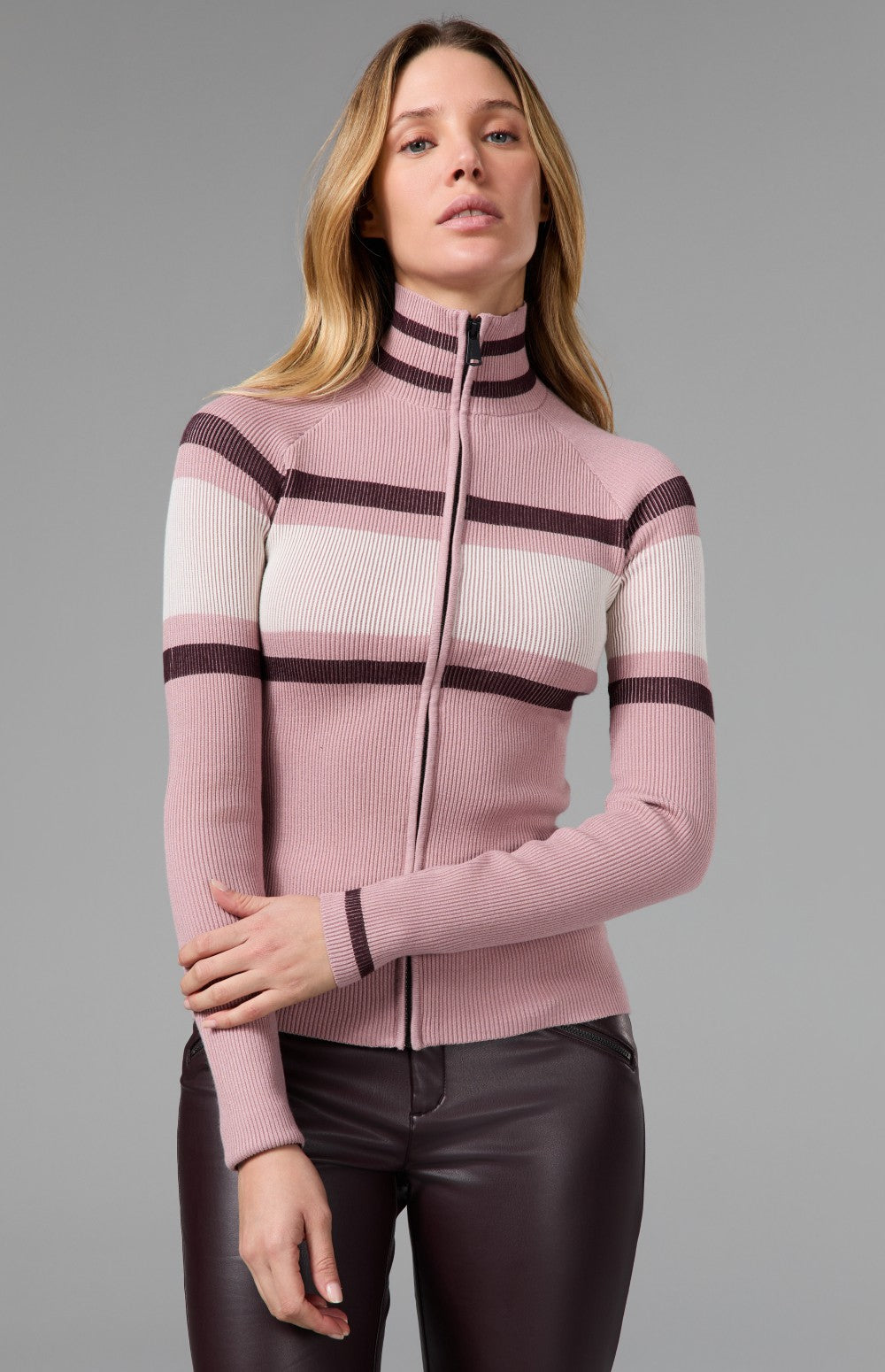 Alp N Rock Maia Full Zip Stripe Sweater, light pink full zip striped sweater for women