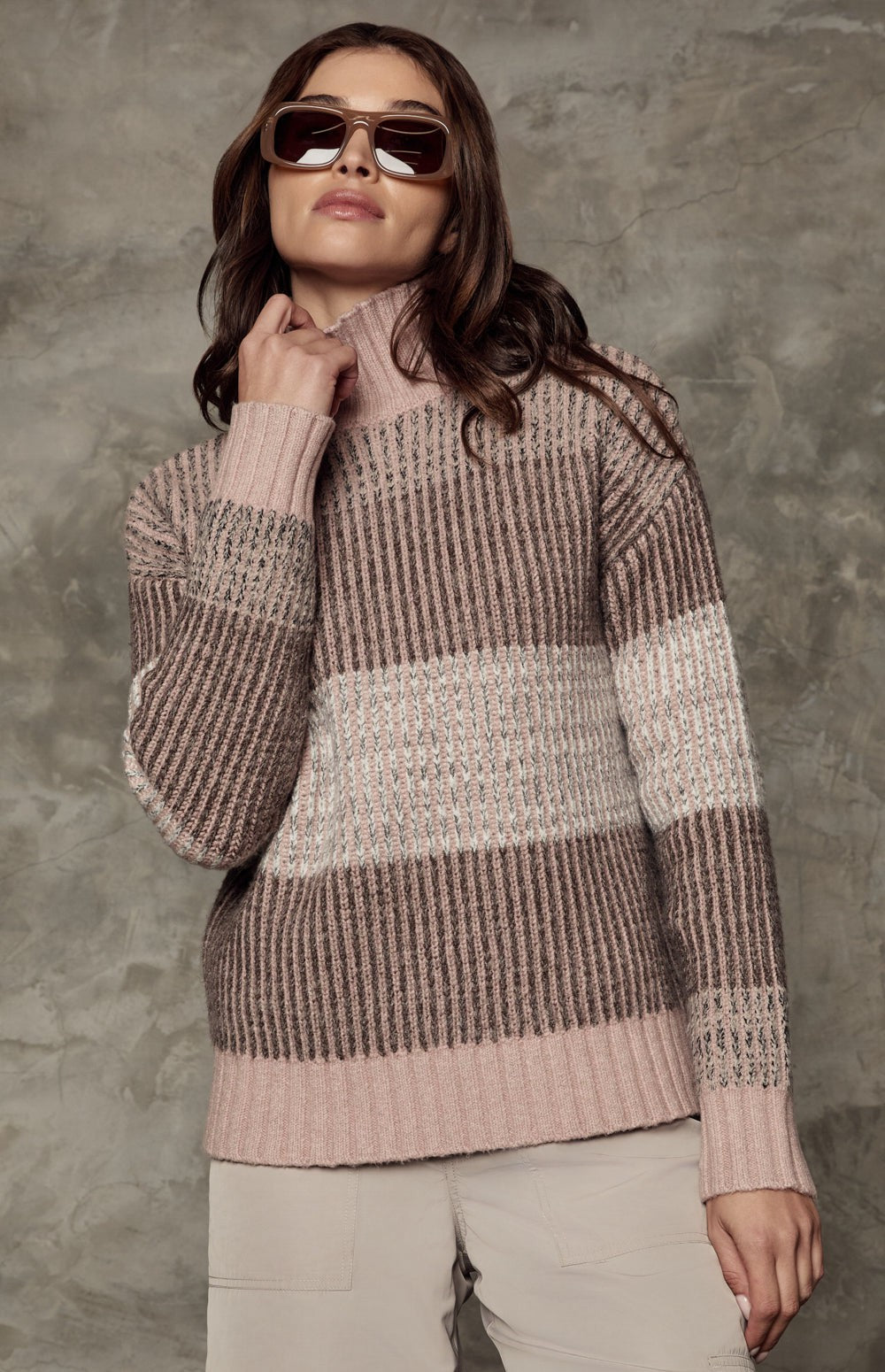 Alp N Rock Mila Sweater, pink cozy oversized mock neck striped sweater for women
