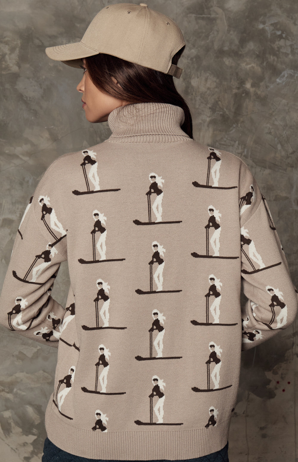 Alp N Rock Nala Sweater, beige turtleneck ski sweater for women with all over skier pattern
