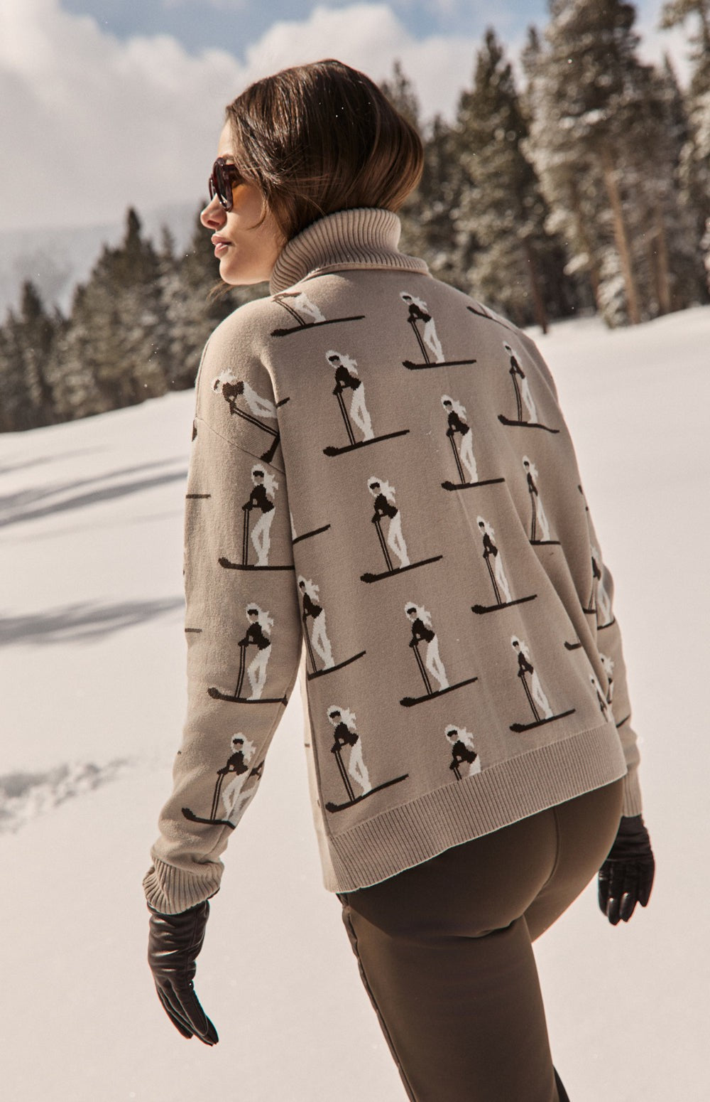Alp N Rock Nala Sweater, beige turtleneck ski sweater for women with all over skier pattern