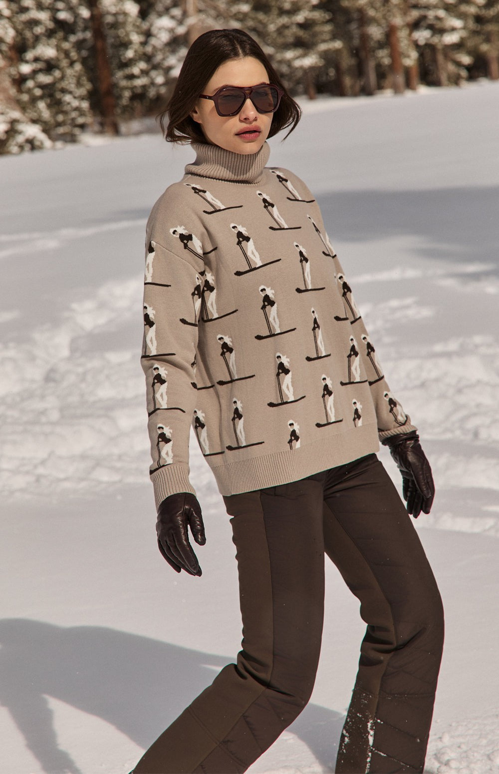 Alp N Rock Nala Sweater, beige turtleneck ski sweater for women with all over skier pattern