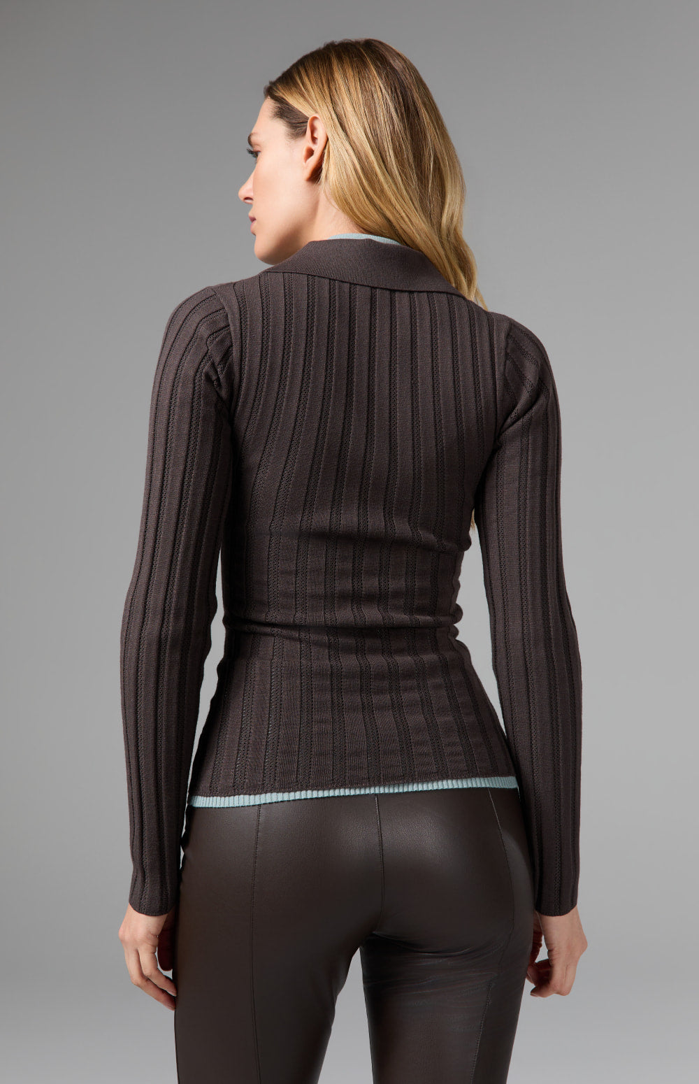 Alp N Rock Nia Pointelle Polo Sweater, dark brown longsleeve ribbed polo sweater for women