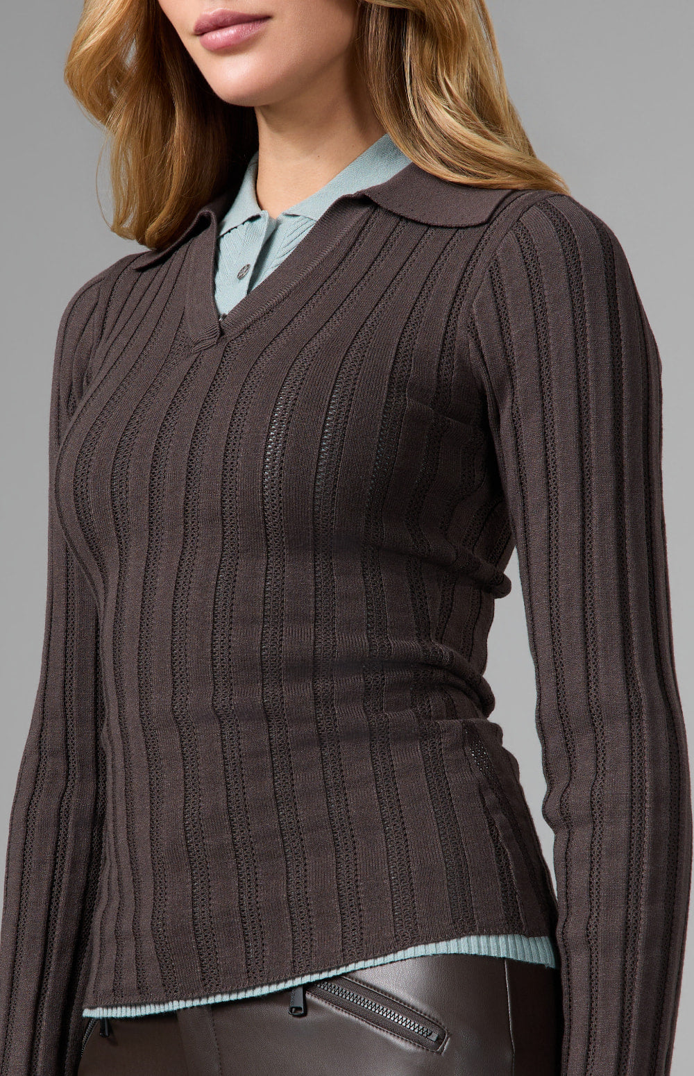 Alp N Rock Nia Pointelle Polo Sweater, dark brown longsleeve ribbed polo sweater for women