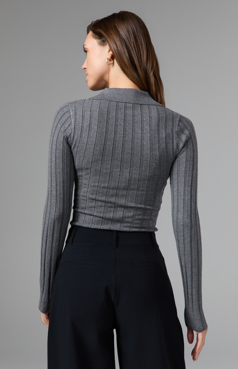 Alp N Rock Nia Pointelle Polo Sweater, heather grey longsleeve ribbed polo sweater for women