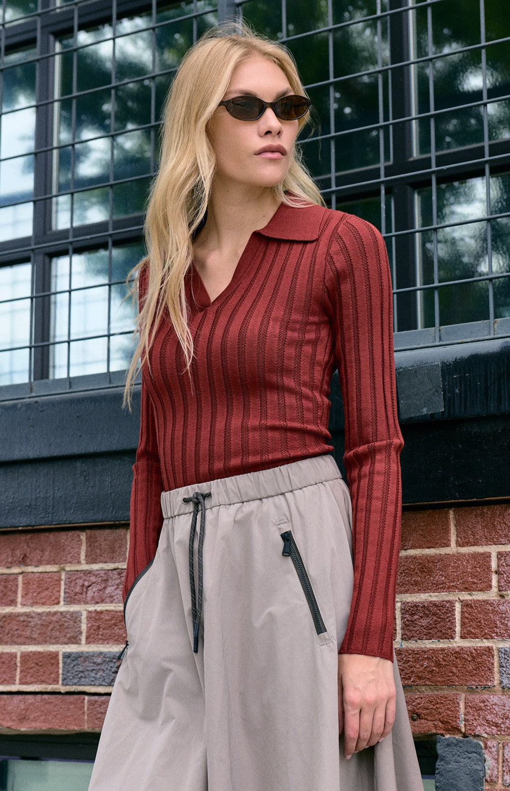 Alp N Rock Nia Pointelle Polo Sweater, dark reddish-brown longsleeve ribbed polo sweater for women