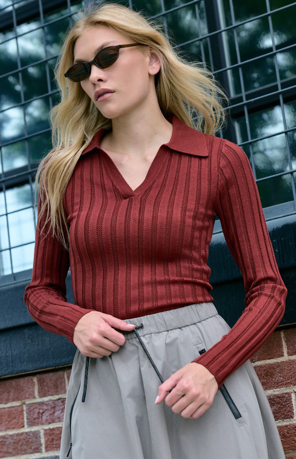 Alp N Rock Nia Pointelle Polo Sweater, dark reddish-brown longsleeve ribbed polo sweater for women
