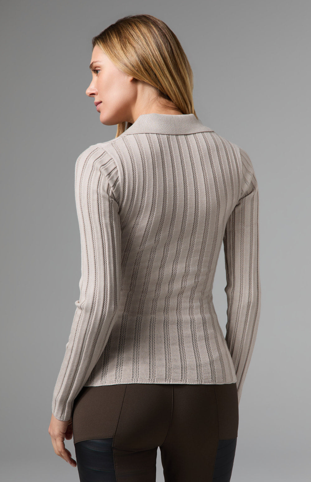 Alp N Rock Nia Pointelle Polo Sweater, beige longsleeve ribbed polo sweater for women