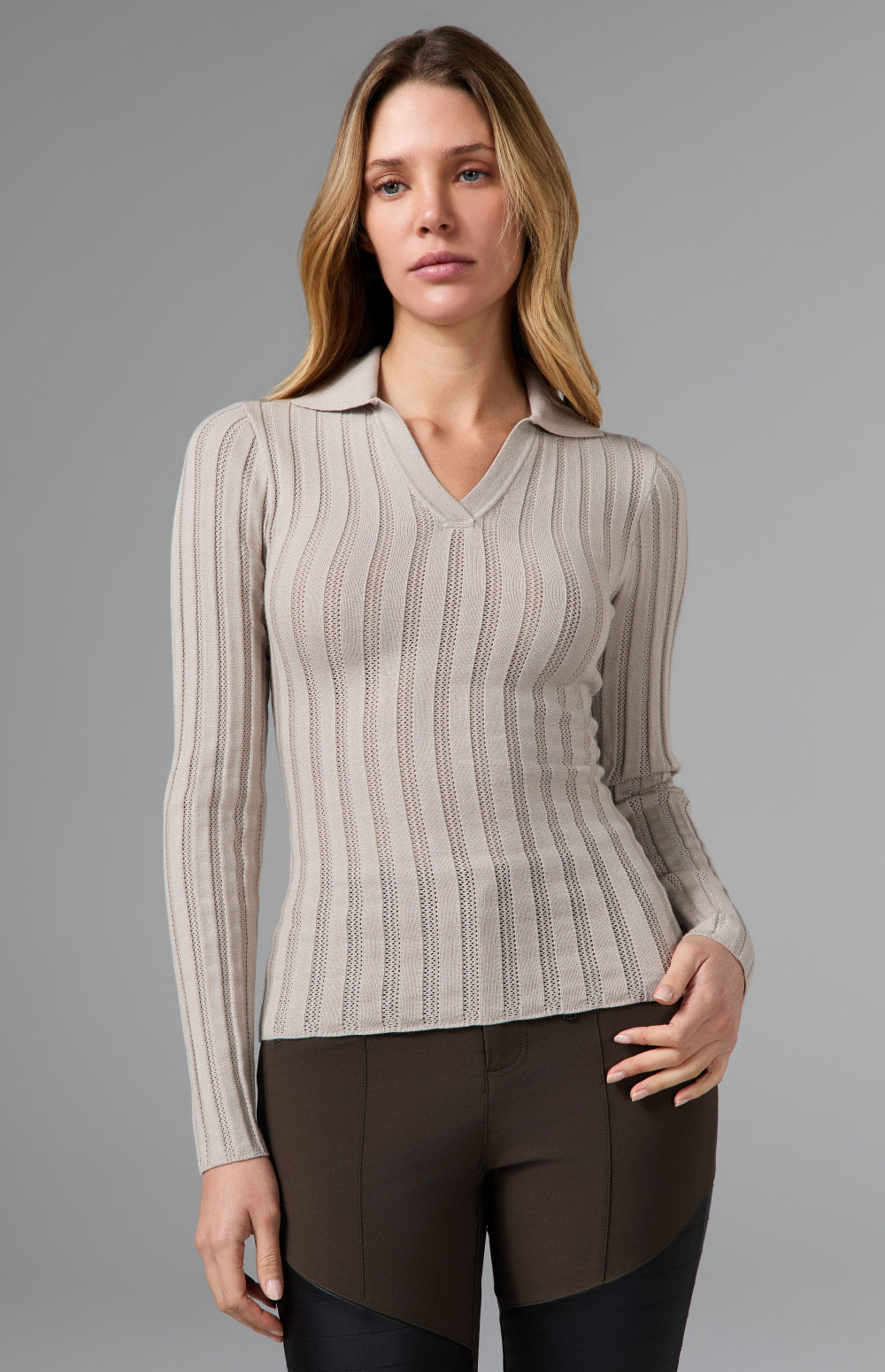 Alp N Rock Nia Pointelle Polo Sweater, beige longsleeve ribbed polo sweater for women