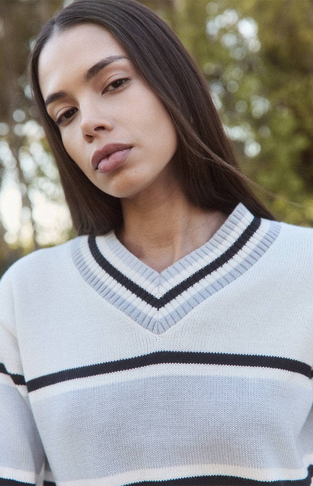 Alp N Rock Raquel Sweater, Women's Preppy White V Neck Sweater with Horizontal Black and Silver Stripes