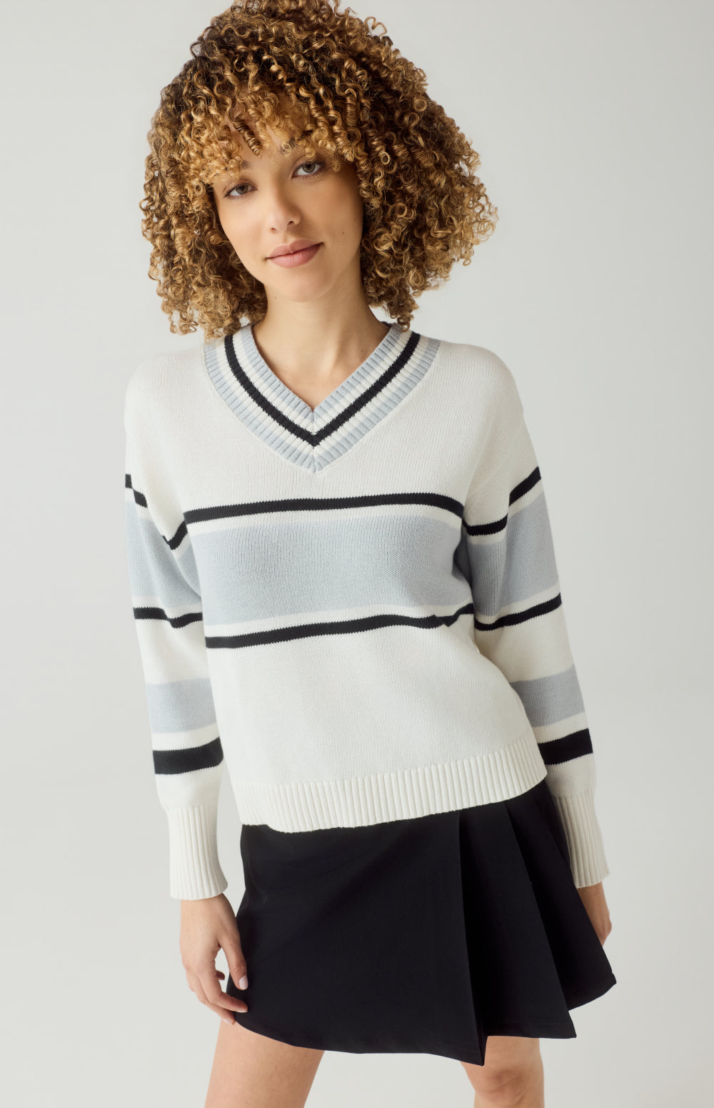 Alp N Rock Raquel Sweater, white, blue, and black v neck stripe sweater for women