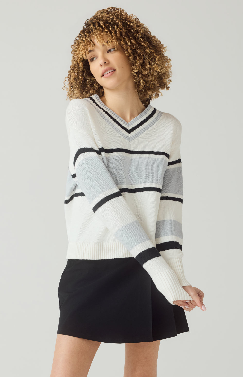 Alp N Rock Raquel Sweater, white, blue, and black v neck stripe sweater for women