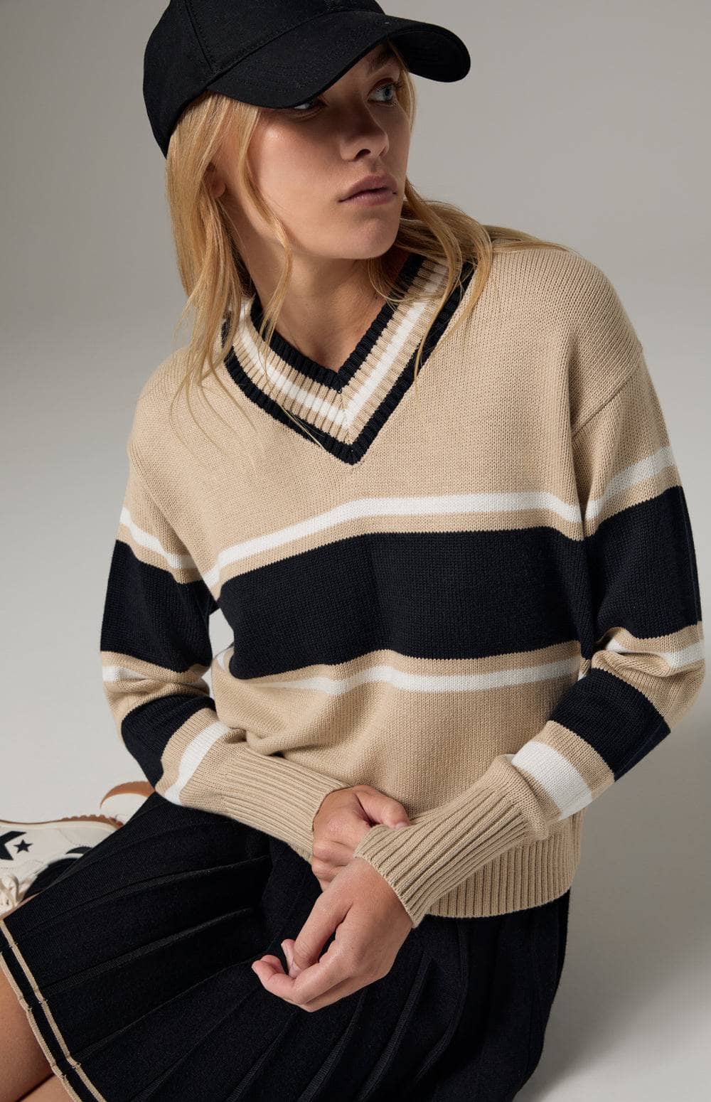 Alp N Rock Raquel Sweater, Women's Preppy Beige V Neck Sweater with Horizontal Black and White Stripes