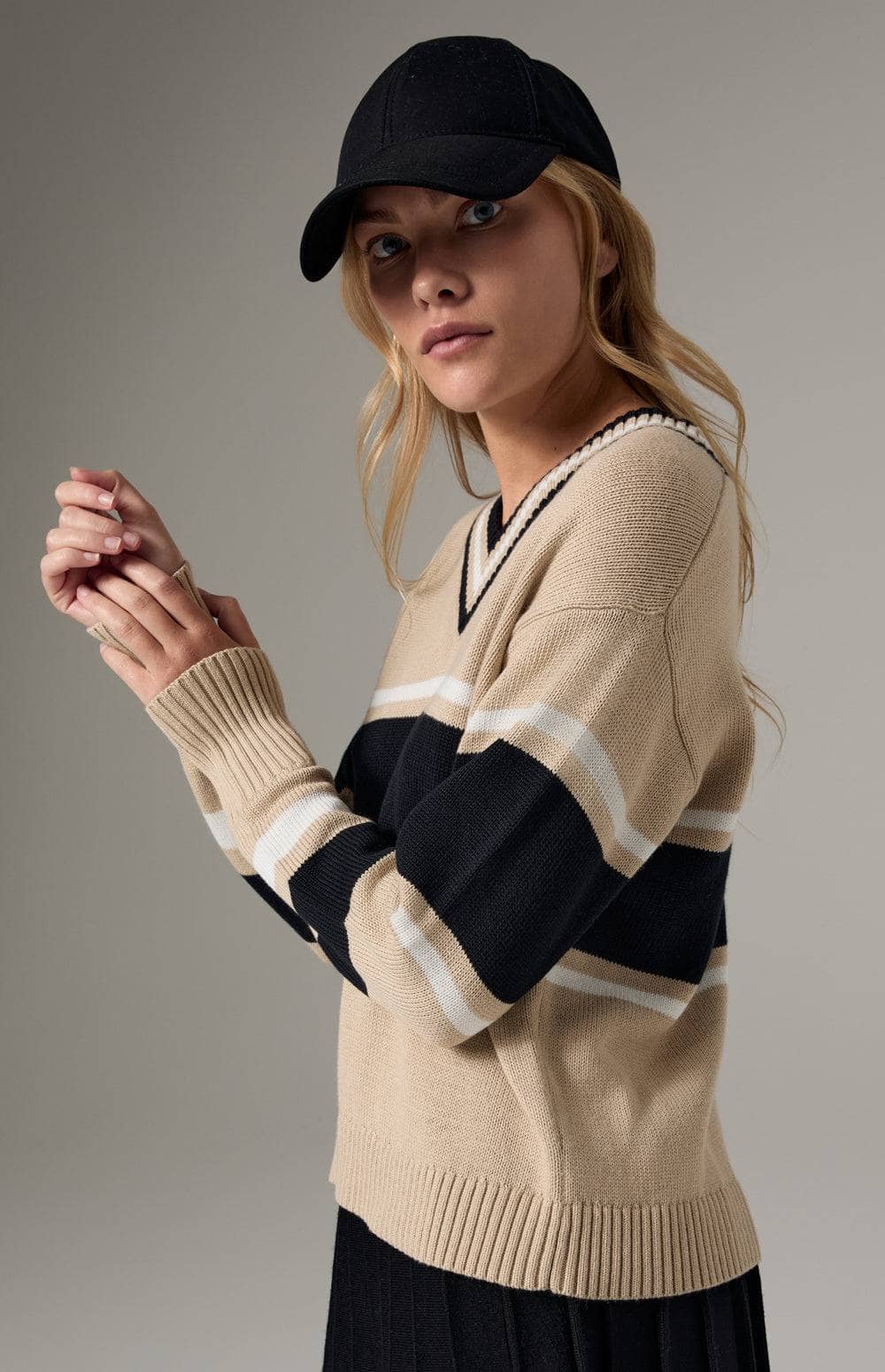 Alp N Rock Raquel Sweater, Women's Preppy Beige V Neck Sweater with Horizontal Black and White Stripes