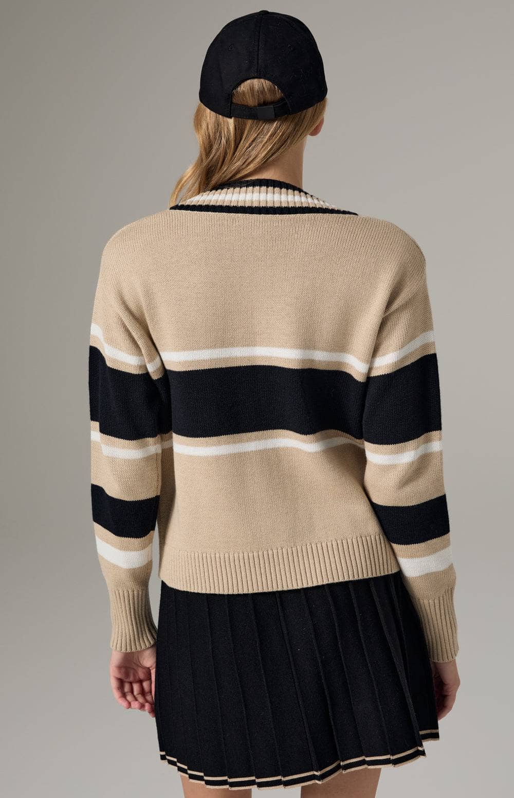 Alp N Rock Raquel Sweater, Women's Preppy Beige V Neck Sweater with Horizontal Black and White Stripes