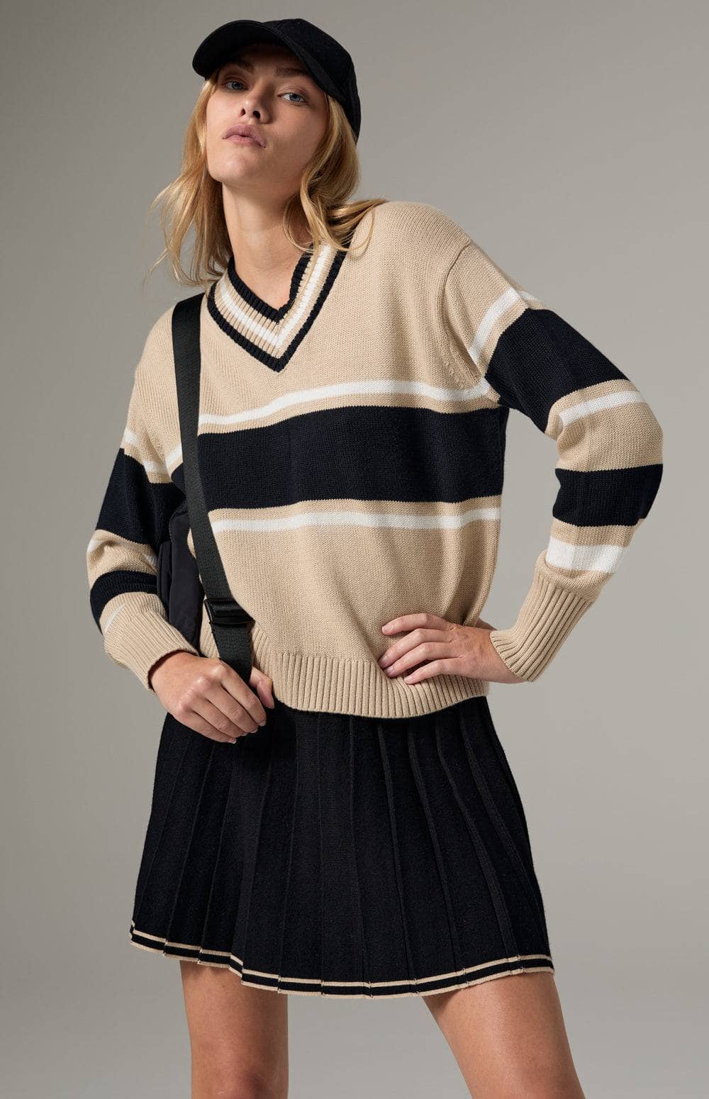 Alp N Rock Raquel Sweater, Women's Preppy Beige V Neck Sweater with Horizontal Black and White Stripes