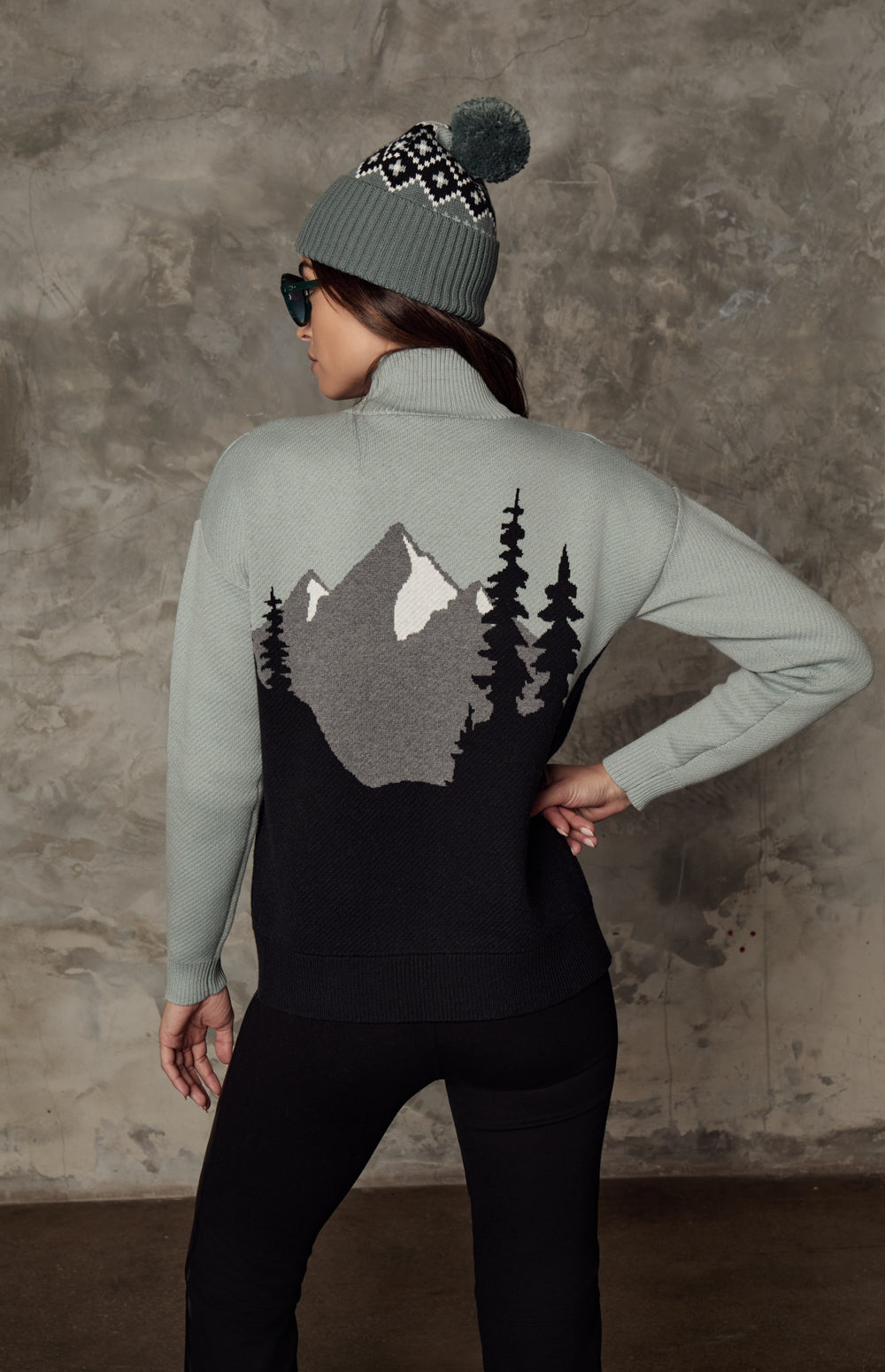 Alp N Rock Simran Sweater, light blue mock neck ski sweater for women with mountain scene on the front