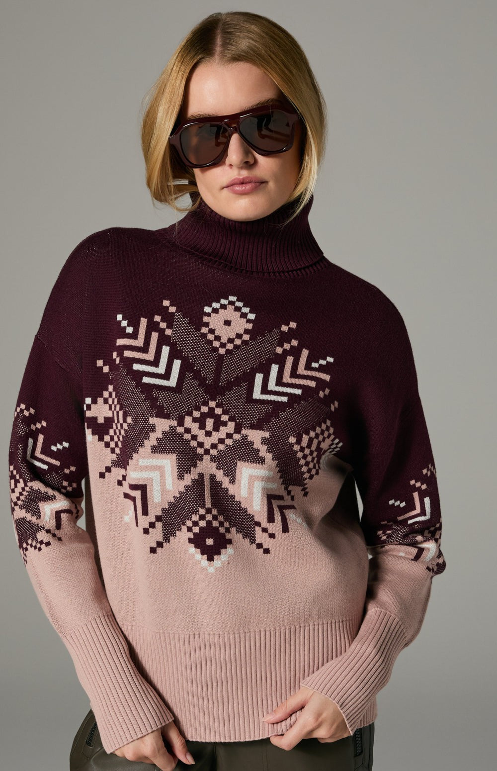 Alp N Rock Snowflake Elis Sweater, dark cherry and pink sweater for women with snowflake pattern on the front and back