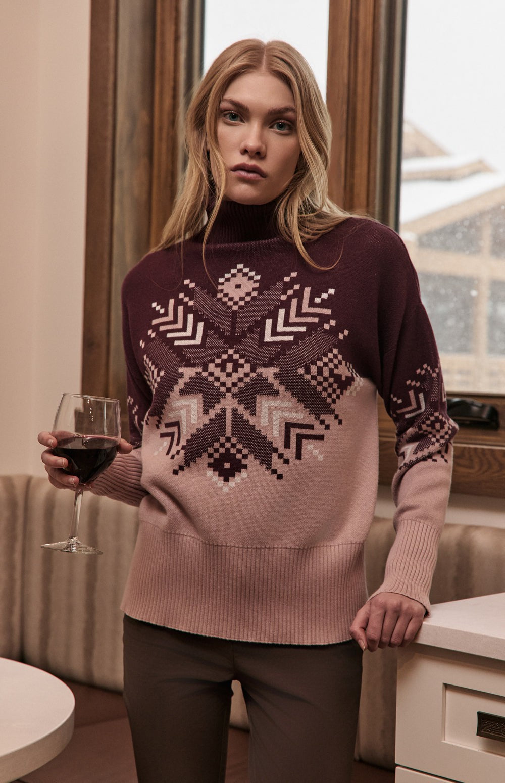 Alp N Rock Snowflake Elis Sweater, dark cherry and pink sweater for women with snowflake pattern on the front and back