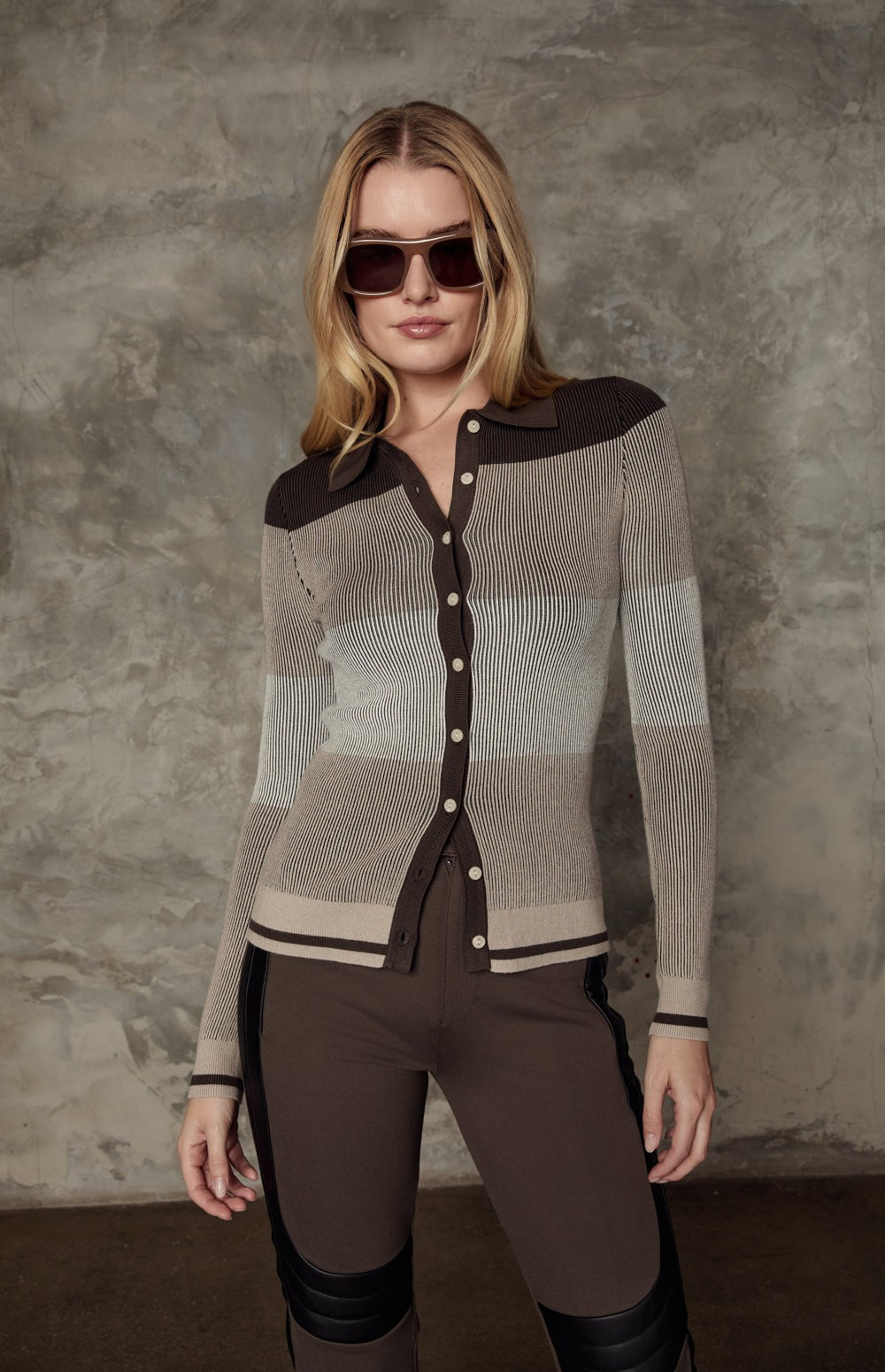 Alp N Rock Suzi Polo Cardigan, dark brown tonal stripe ribbed knit cardigan for women with collar and button front