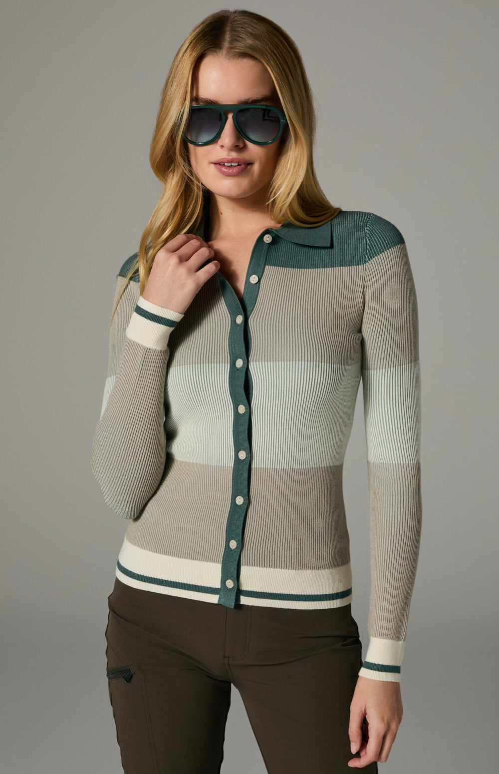 Alp N Rock Suzi Polo Cardigan, green tonal stripe ribbed knit cardigan for women with collar and button front