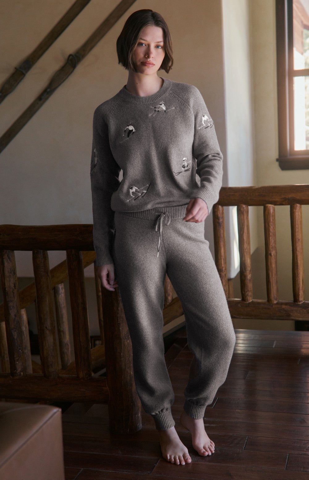 Alp N Rock  Talia Sweater, taupe mock neck ski sweater with embroidered skiers for women
