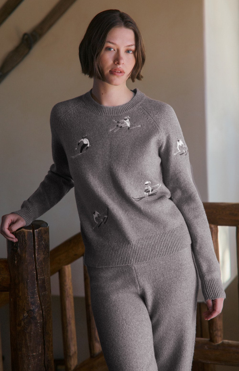 Alp N Rock  Talia Sweater, taupe mock neck ski sweater with embroidered skiers for women