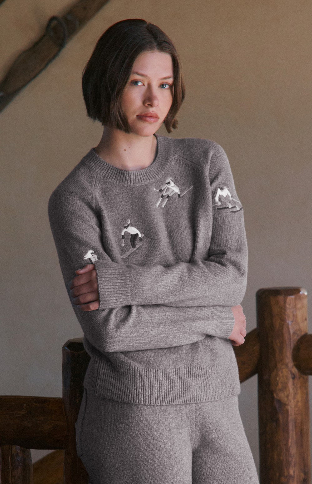 Alp N Rock  Talia Sweater, taupe mock neck ski sweater with embroidered skiers for women