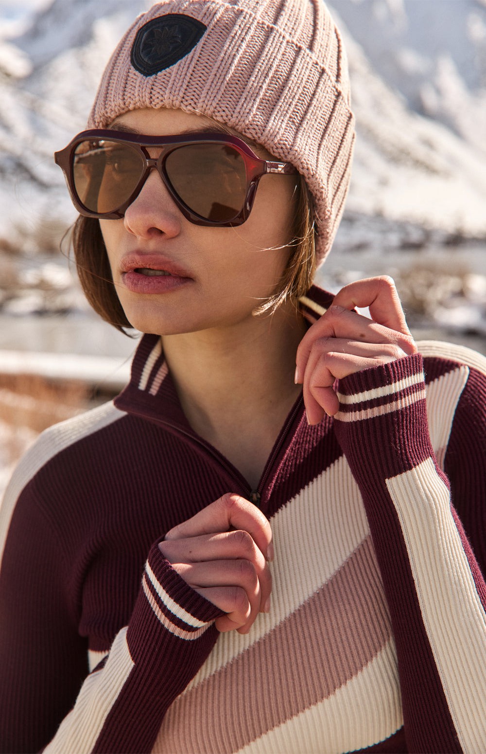 Alp N Rock Tanya Sweater, dark cherry stripe ski sweater for women with half zip