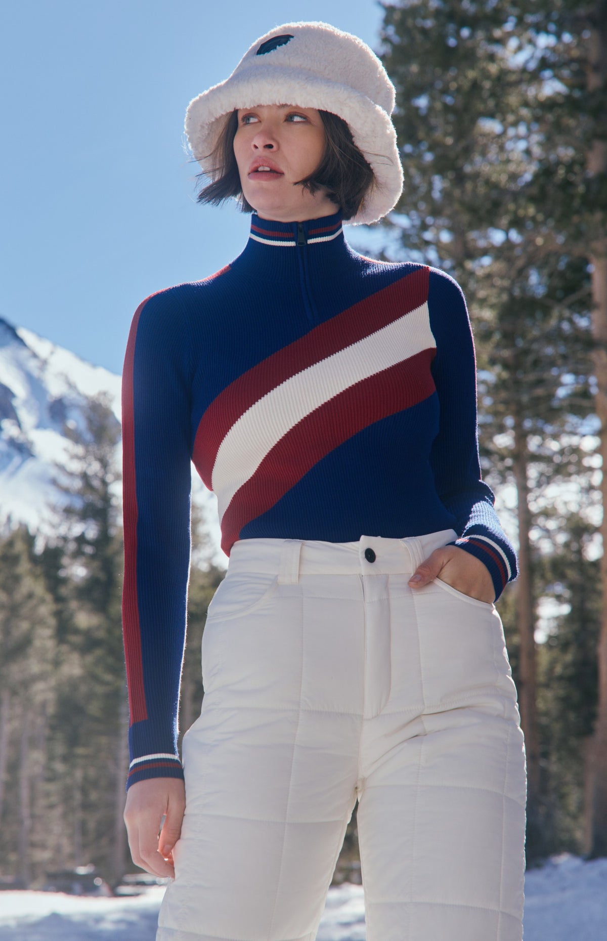 Alp N Rock Tanya Sweater, deep blue and red stripe ski sweater for women with half zip
