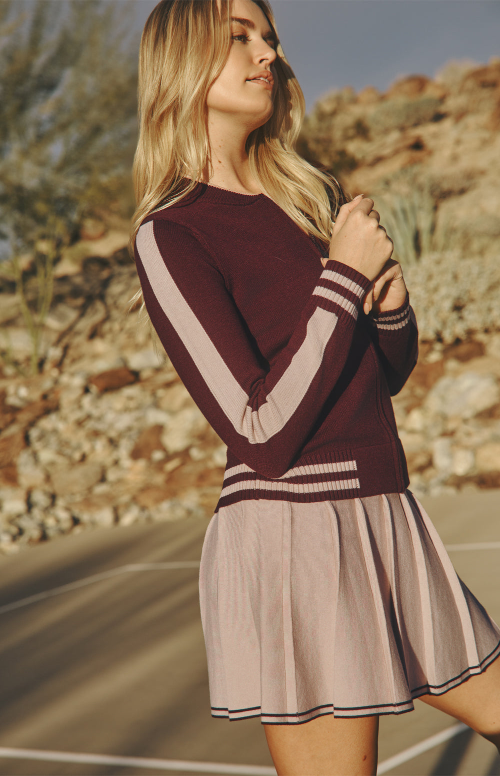 Alp N Rock Teagan Cardigan, dark cherry zip front cardigan for women with sporty stripe and back applique