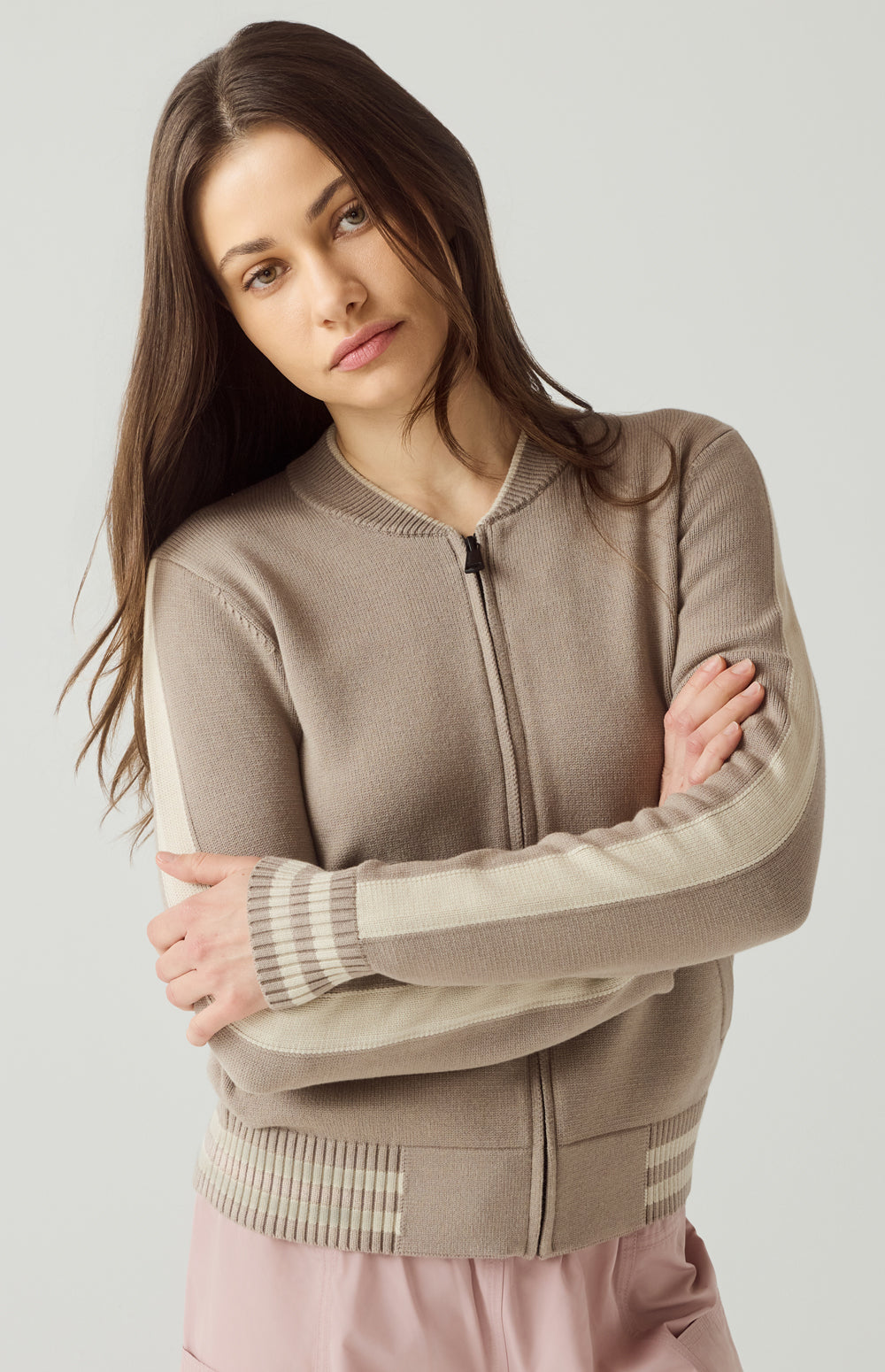 Alp N Rock Teagan Cardigan, taupe zip front cardigan for women with sporty stripe and back applique