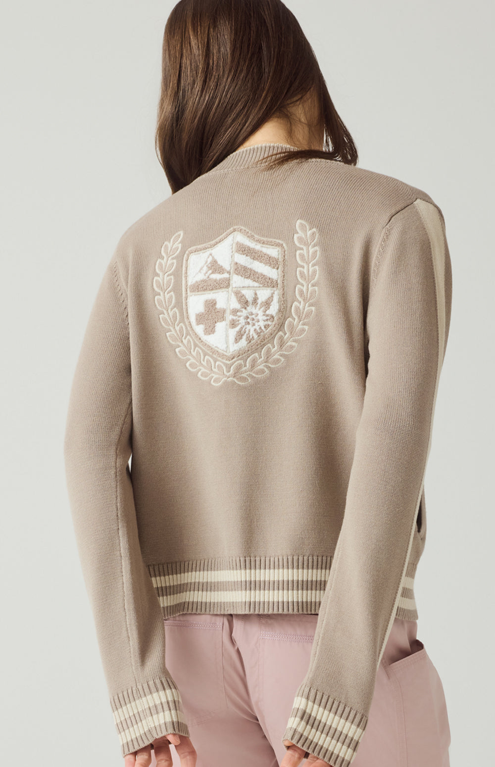 Alp N Rock Teagan Cardigan, taupe zip front cardigan for women with sporty stripe and back applique