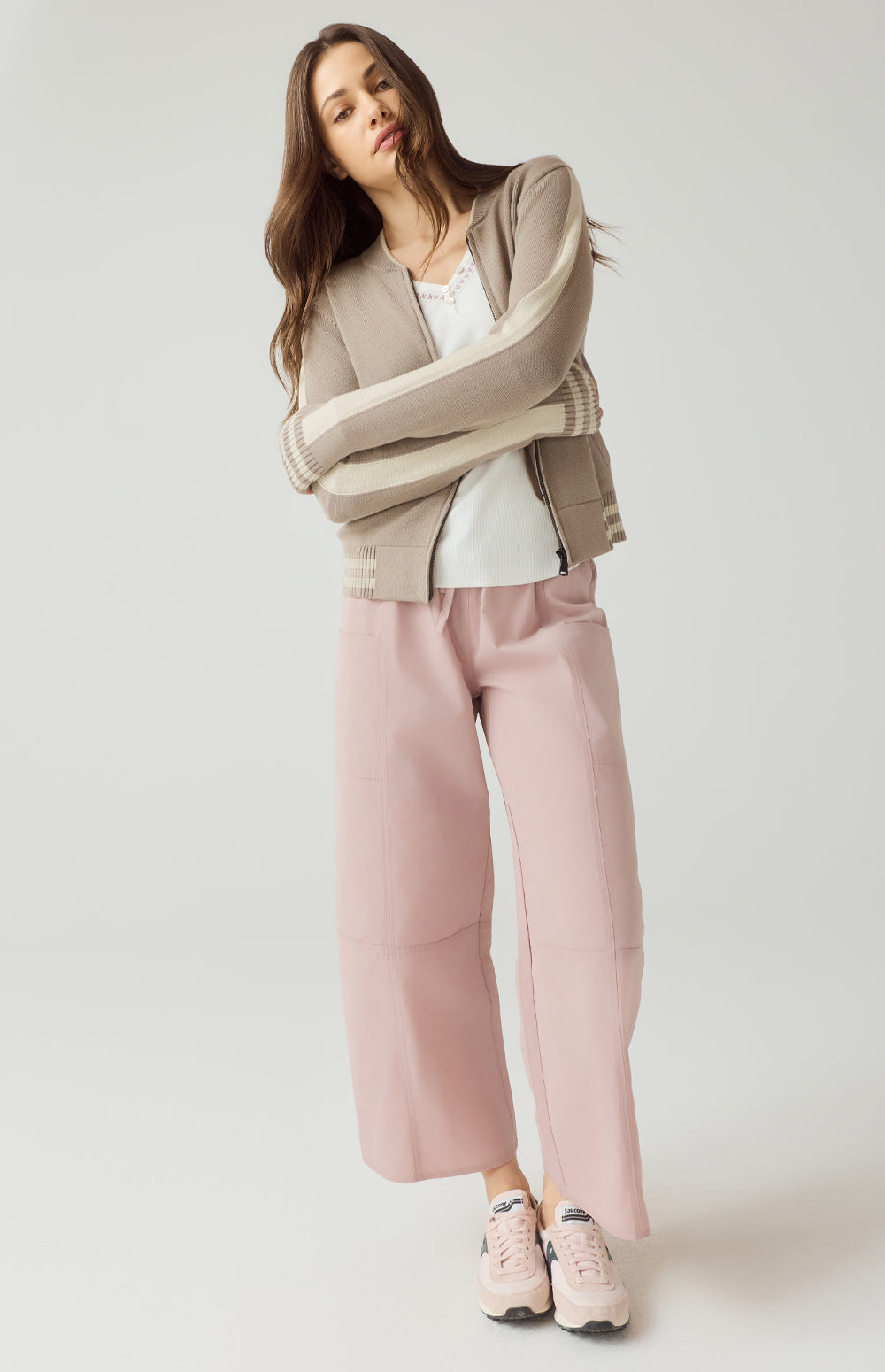 Alp N Rock Teagan Cardigan, taupe zip front cardigan for women with sporty stripe and back applique