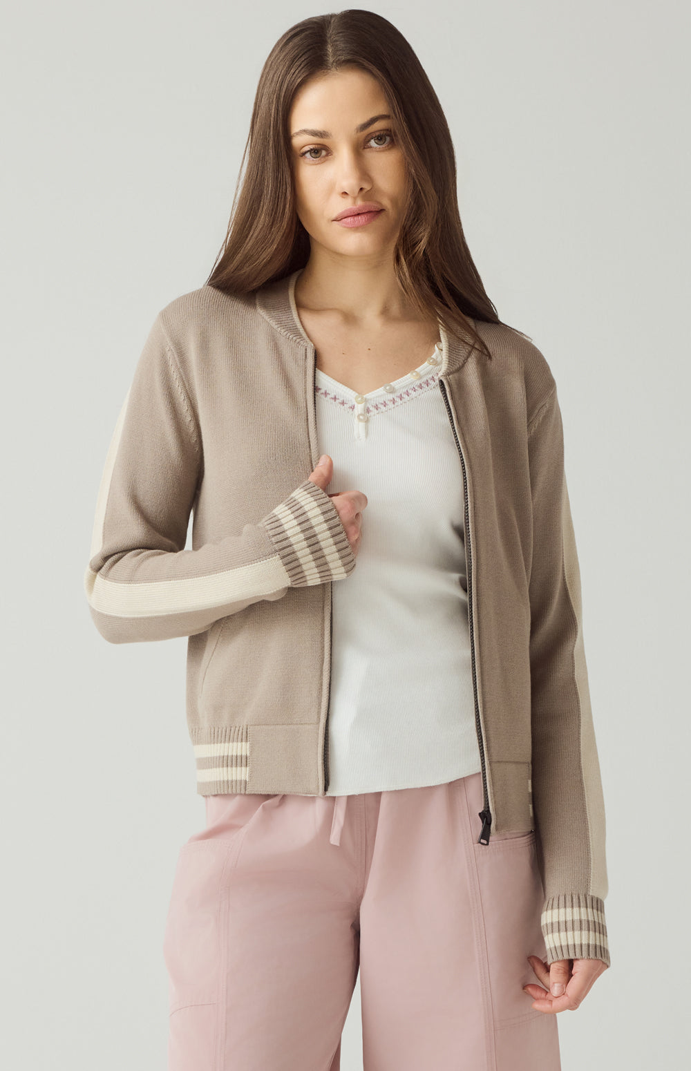 Alp N Rock Teagan Cardigan, taupe zip front cardigan for women with sporty stripe and back applique