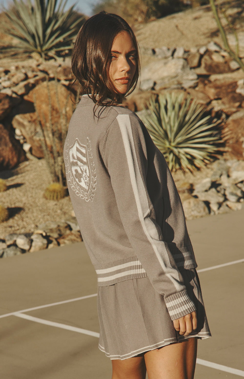 Alp N Rock Teagan Cardigan, taupe zip front cardigan for women with sporty stripe and back applique