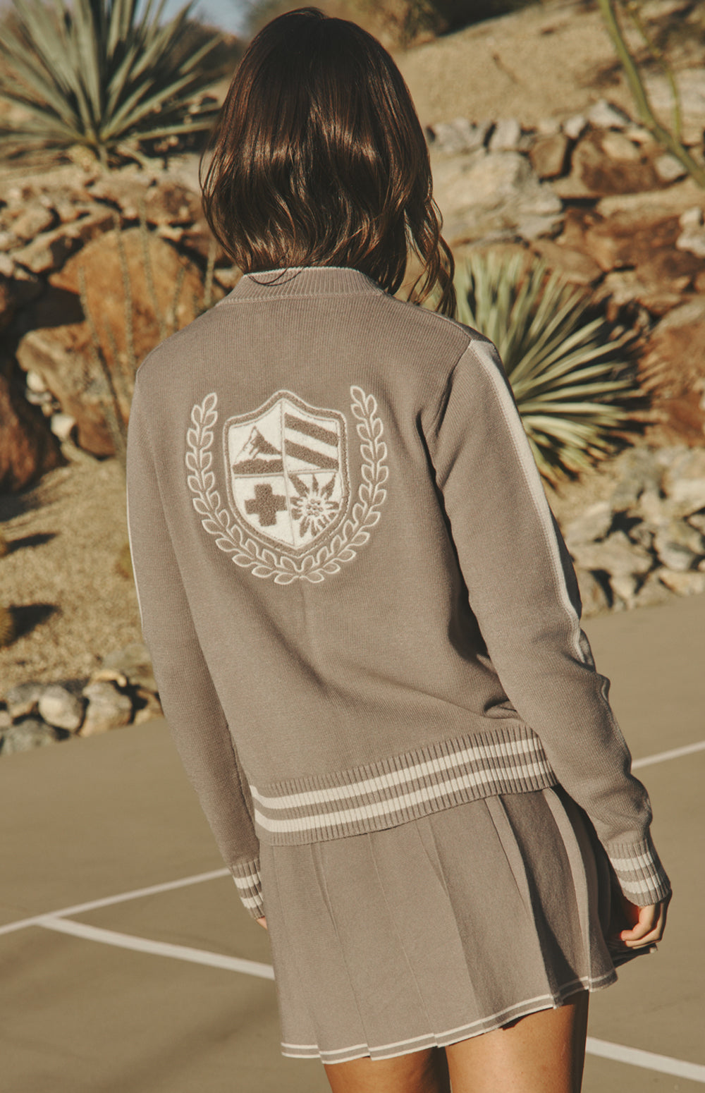 Alp N Rock Teagan Cardigan, taupe zip front cardigan for women with sporty stripe and back applique