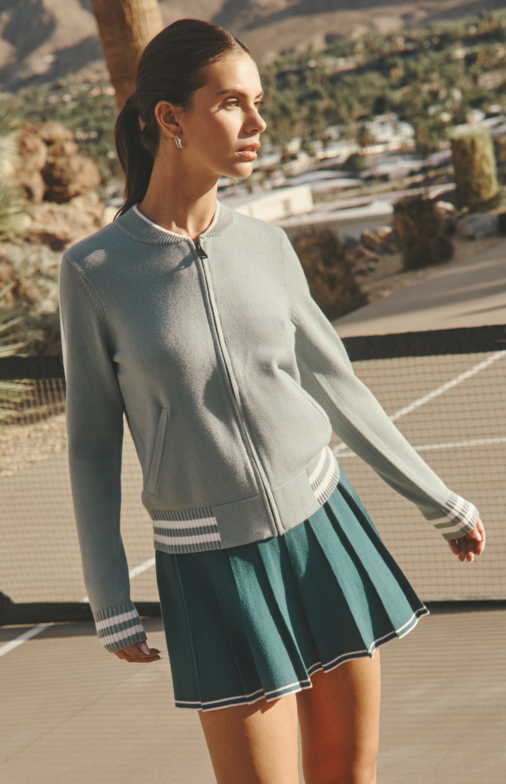 Alp N Rock Teagan Cardigan, silver blue zip front cardigan for women with sporty stripe and back applique