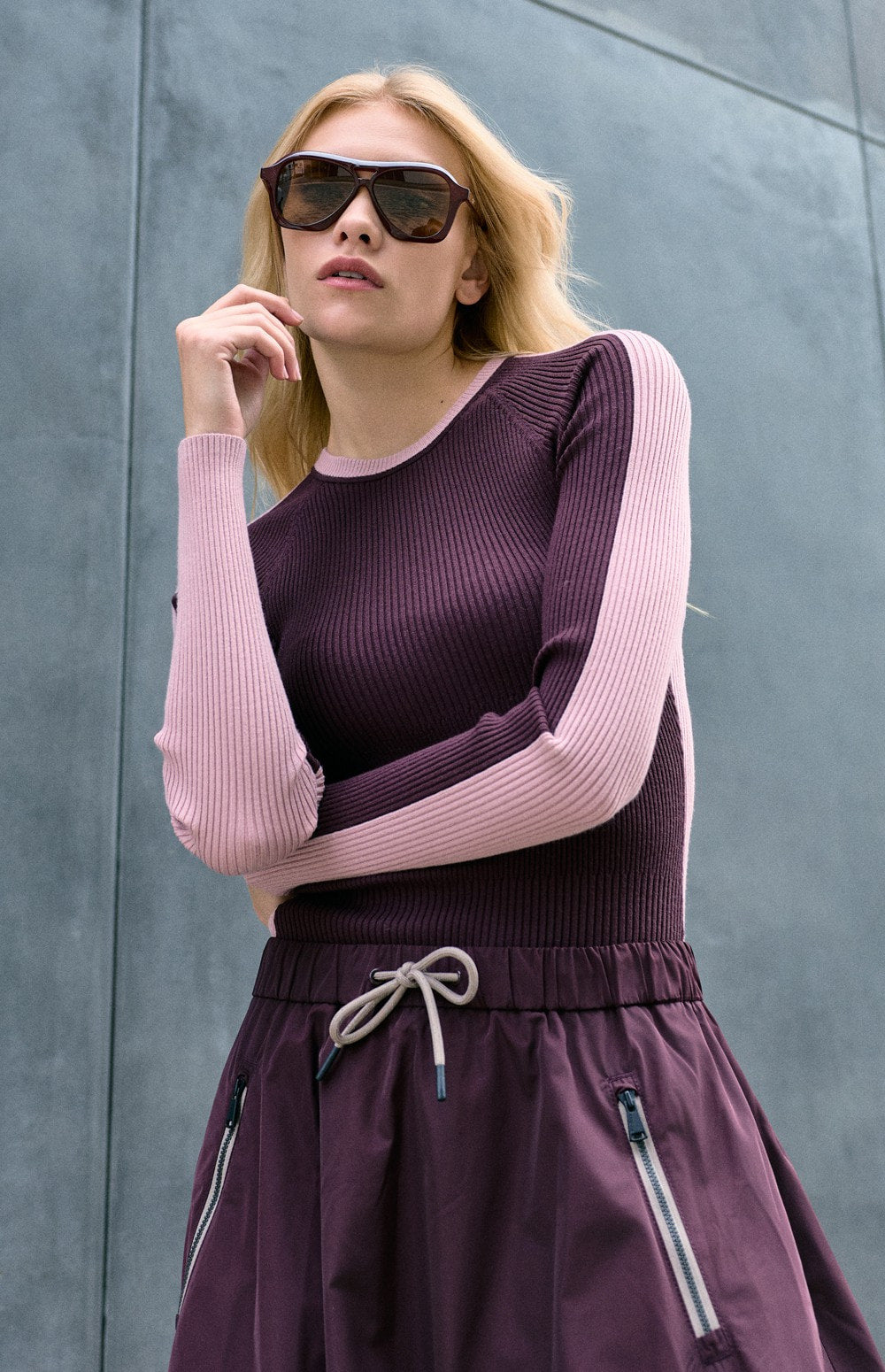 Alp N Rock Vera Sweater, dark red and pink crew neck colorblock sweater for women