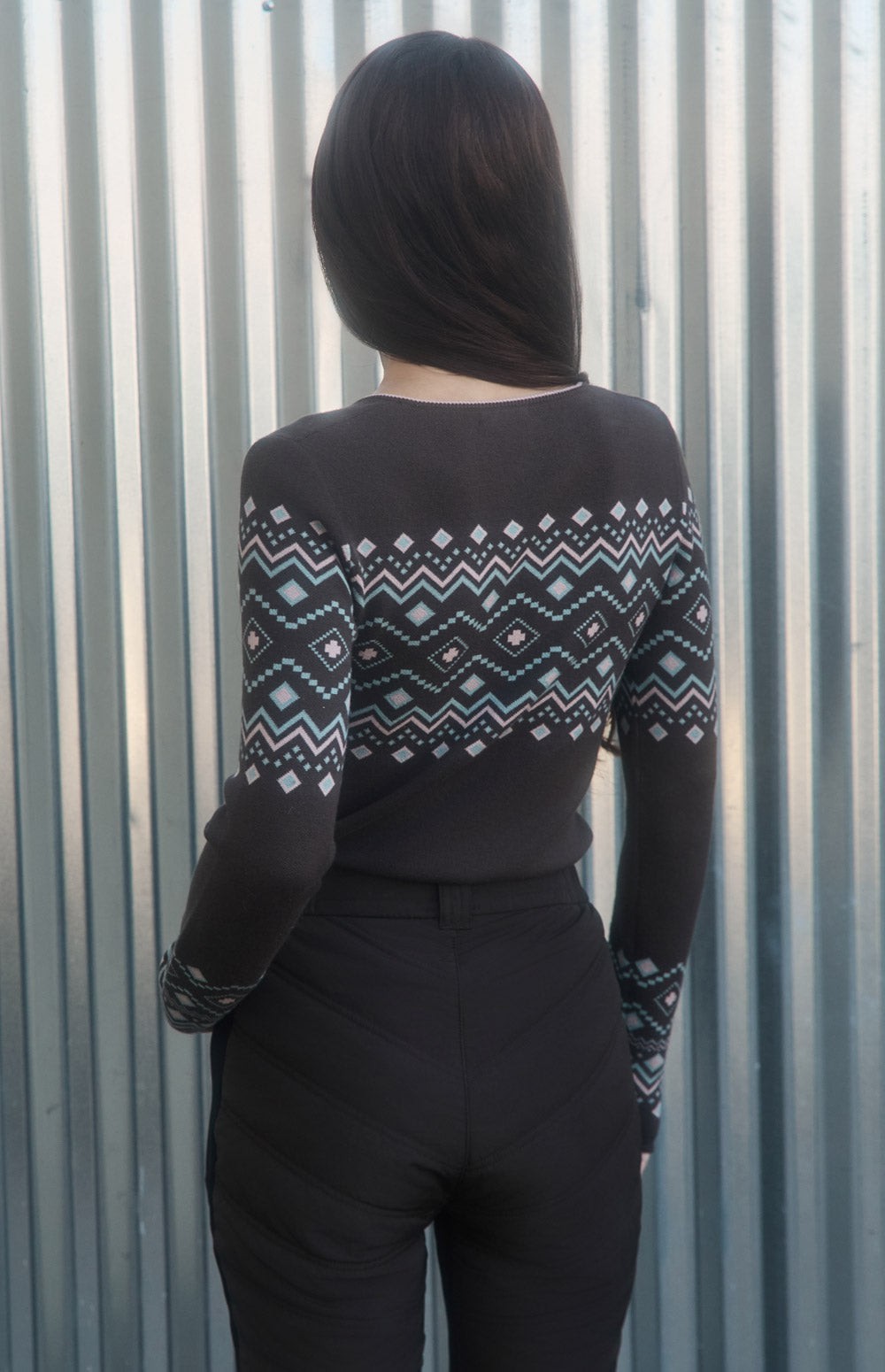 Alp N Rock Yvette Henley Sweater, brown henley sweater for women with Fair Isle pattern and button neckline