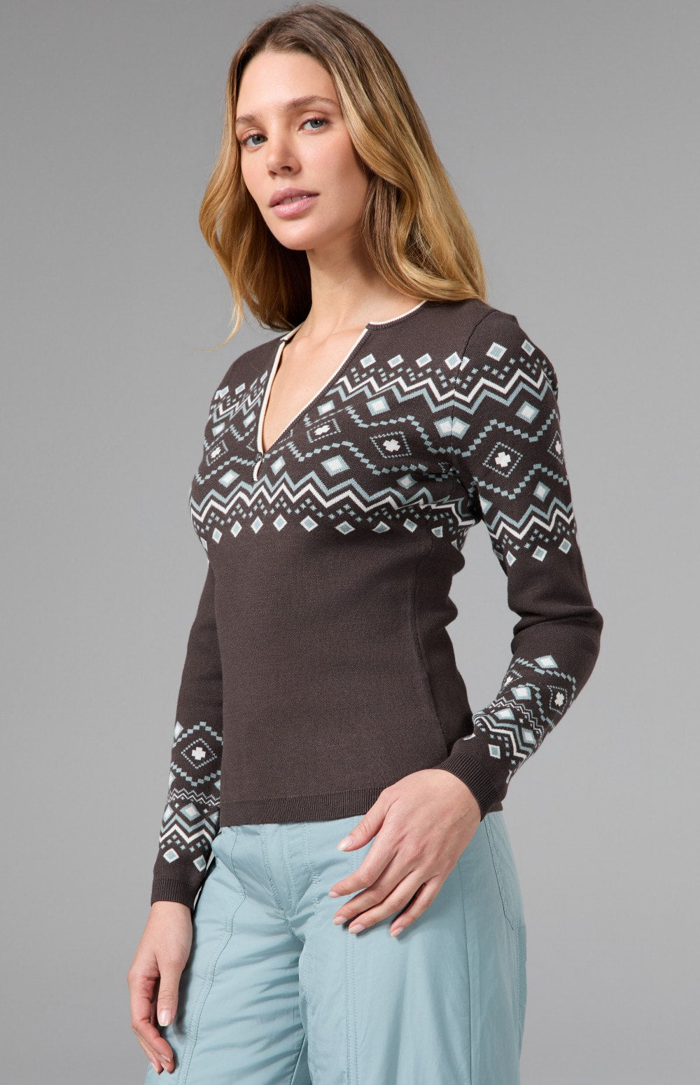 Alp N Rock Yvette Henley Sweater, brown henley sweater for women with Fair Isle pattern and button neckline