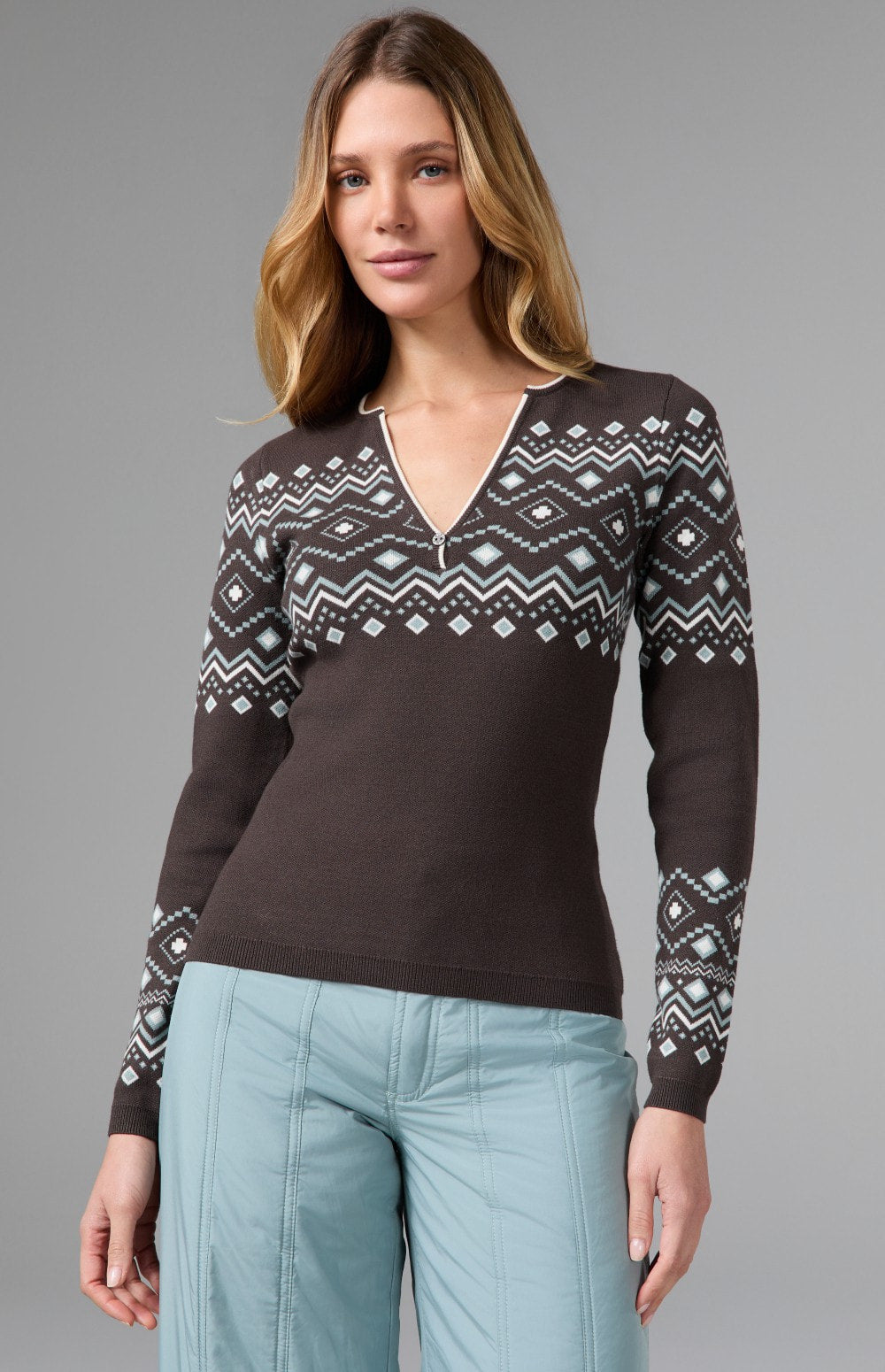 Alp N Rock Yvette Henley Sweater, brown henley sweater for women with Fair Isle pattern and button neckline
