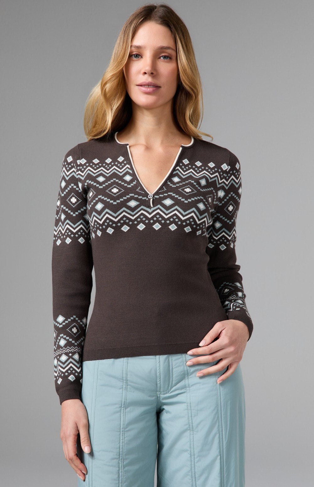 Alp N Rock Yvette Henley Sweater, brown henley sweater for women with Fair Isle pattern and button neckline