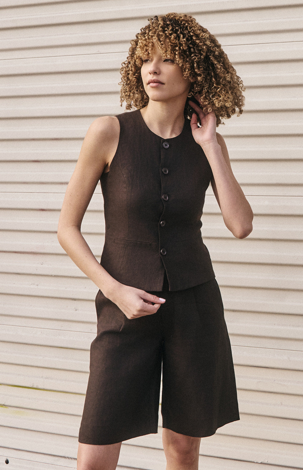 Alp N Rock Edith Linen Vest, dark brown button front linen vest for women