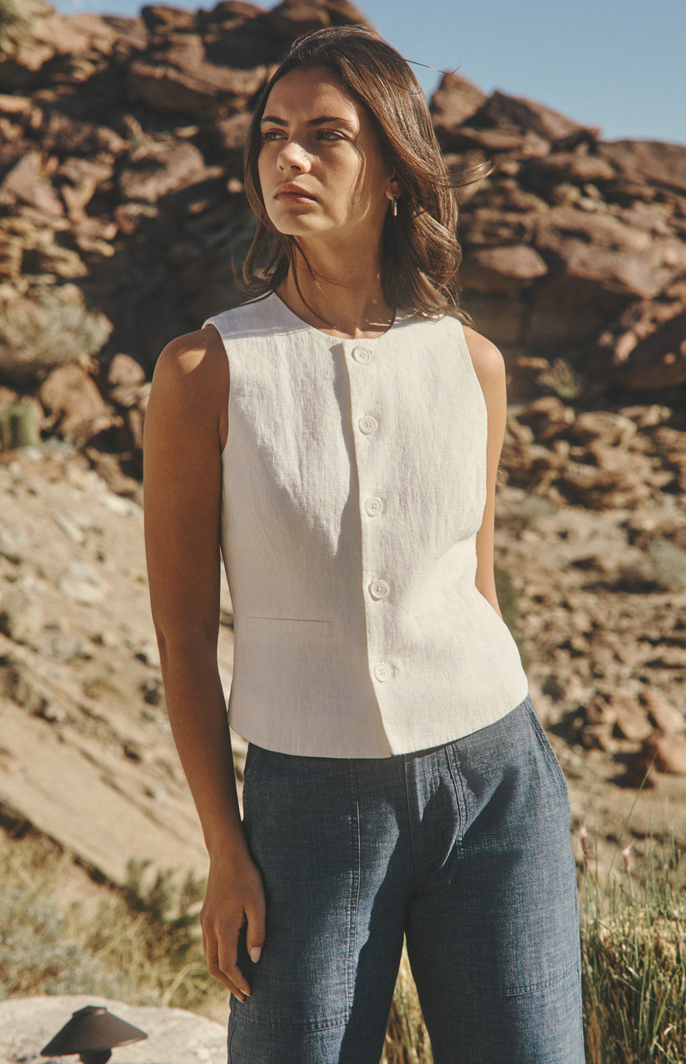 Alp N Rock Edith Linen Vest, ivory button front linen vest for women