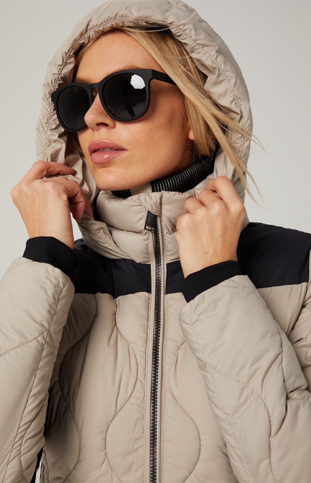 Chamonix Long Jacket by Alp N Rock, Women's Beige Long Puffer Jacket With Hood and Black Accents